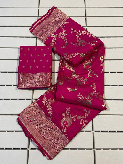Abigail Pink Soft Silk Floral Saree with Golden Jacquard Border &amp; Unstitched Blouse Piece