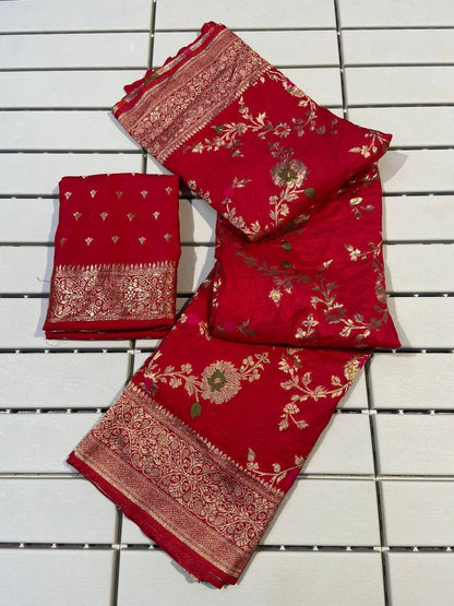 Abigail Red Soft Silk Floral Saree with Golden Jacquard Border &amp; Unstitched Blouse Piece