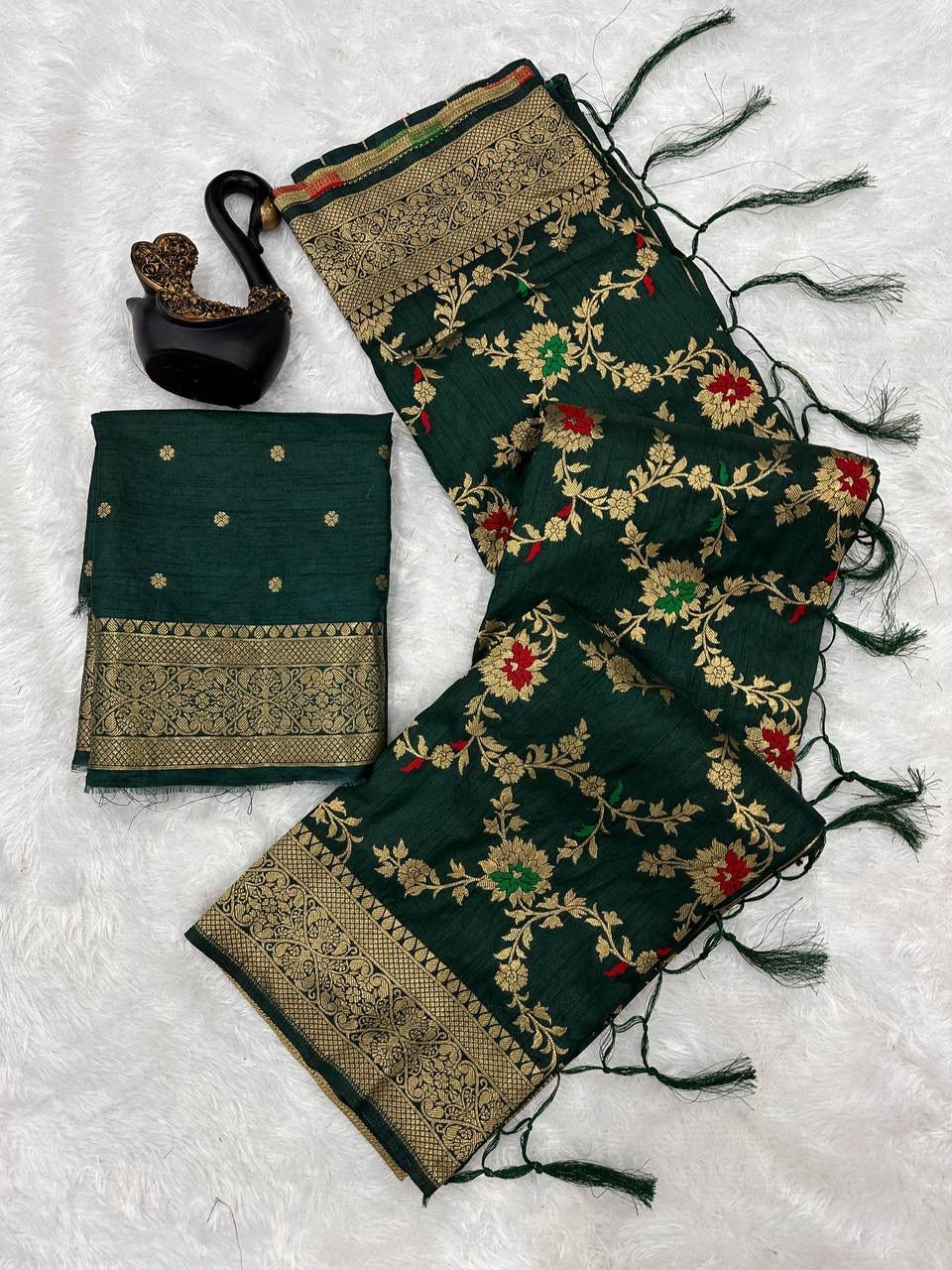 Abigail Green Soft Silk Floral Saree with Golden Jacquard Border &amp; Unstitched Blouse Piece