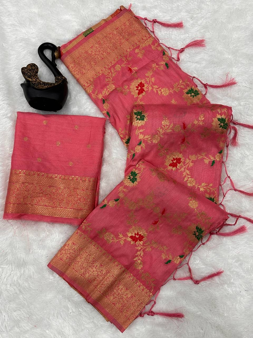 Abigail Rose Pink Soft Silk Floral Saree with Golden Jacquard Border &amp; Unstitched Blouse Piece