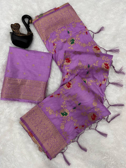 Abigail Lavender Soft Silk Floral Saree with Golden Jacquard Border &amp; Unstitched Blouse Piece