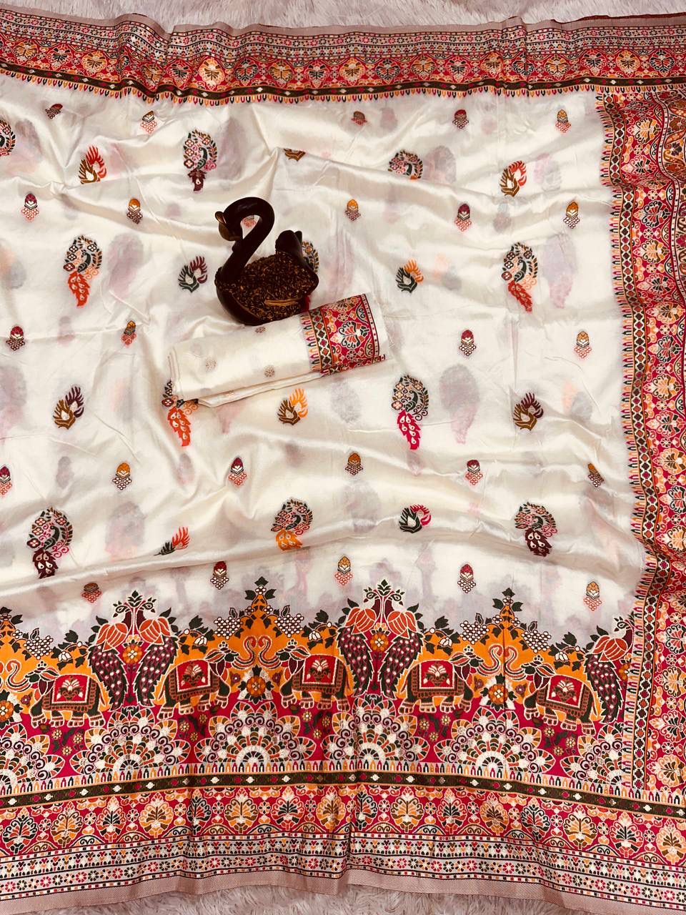 Bella White Soft Silk Saree with Multicolor Traditional Print &amp; Designer Border
