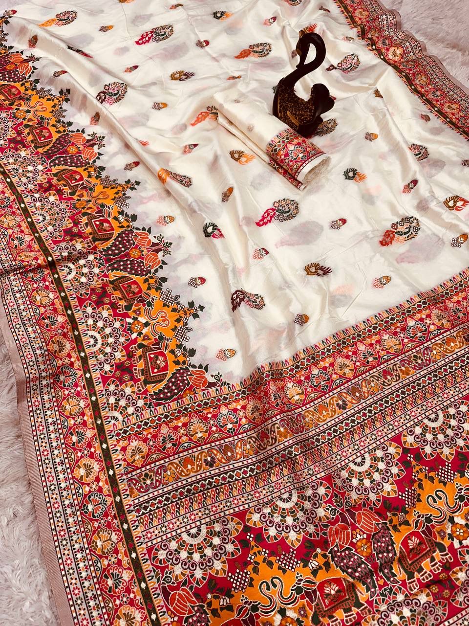 Bella White Soft Silk Saree with Multicolor Traditional Print &amp; Designer Border