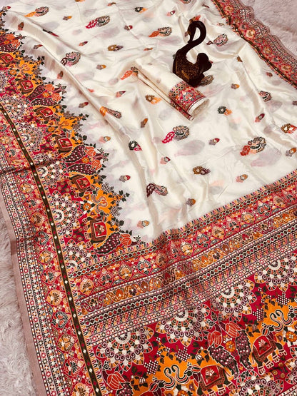 Bella White Soft Silk Saree with Multicolor Traditional Print &amp; Designer Border