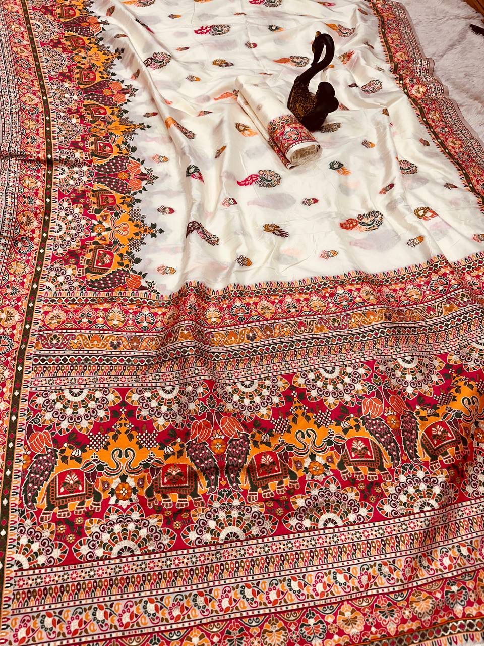 Bella White Soft Silk Saree with Multicolor Traditional Print &amp; Designer Border