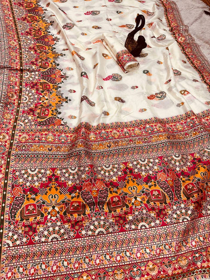 Bella White Soft Silk Saree with Multicolor Traditional Print &amp; Designer Border