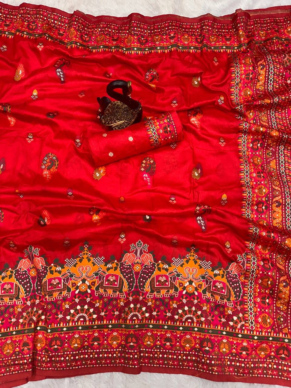 Bella Red Soft Silk Saree with Multicolor Traditional Print &amp; Designer Border