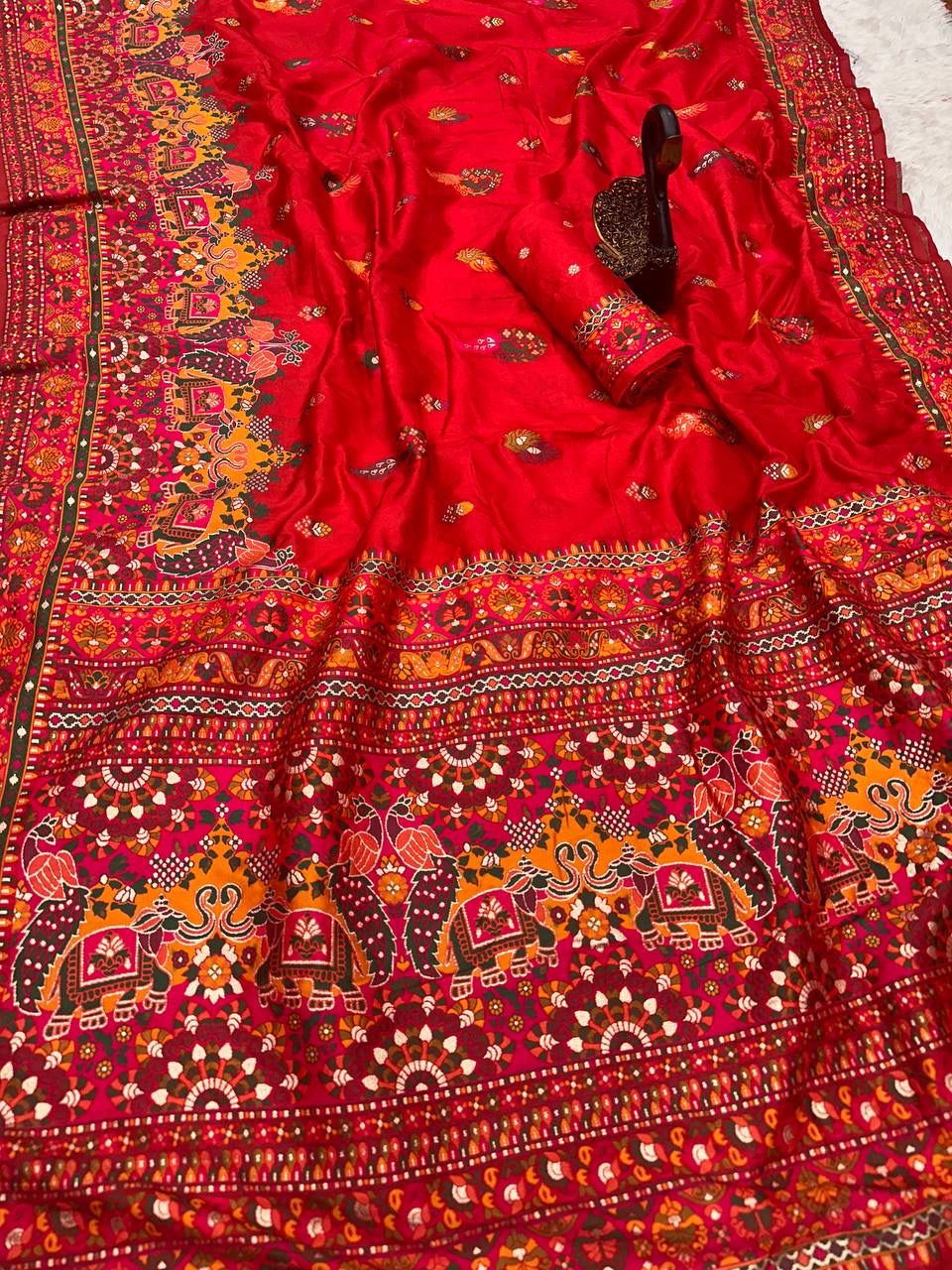 Bella Red Soft Silk Saree with Multicolor Traditional Print &amp; Designer Border
