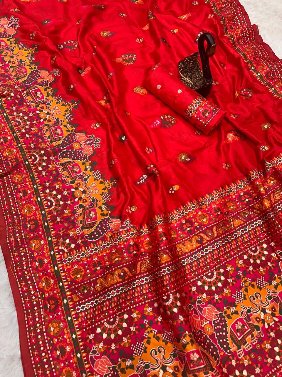 Bella Red Soft Silk Saree with Multicolor Traditional Print &amp; Designer Border