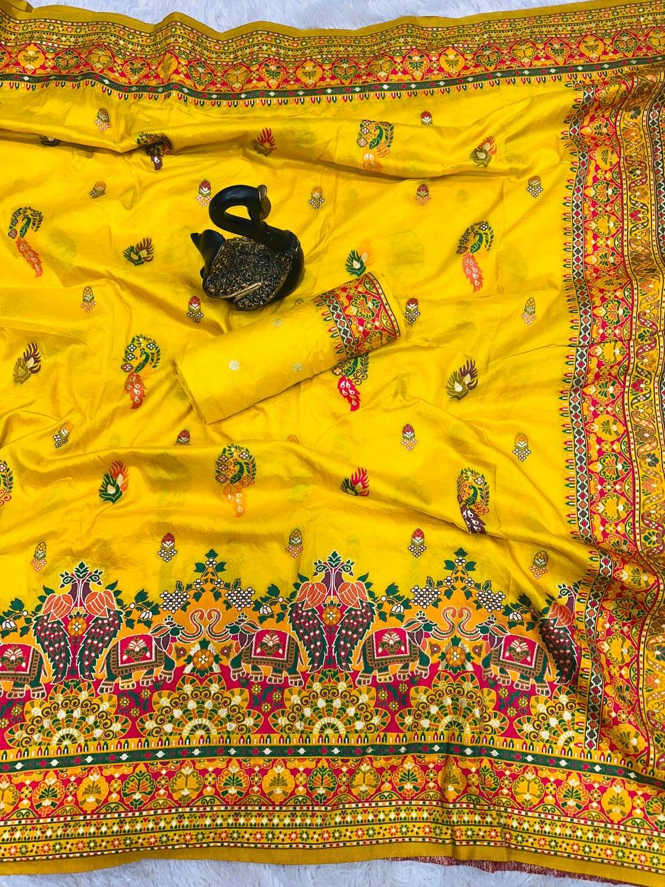 Bella Yellow Soft Silk Saree with Multicolor Traditional Print &amp; Designer Border