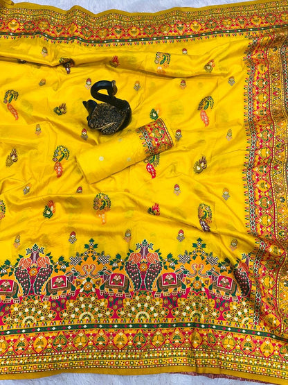 Bella Yellow Soft Silk Saree with Multicolor Traditional Print &amp; Designer Border