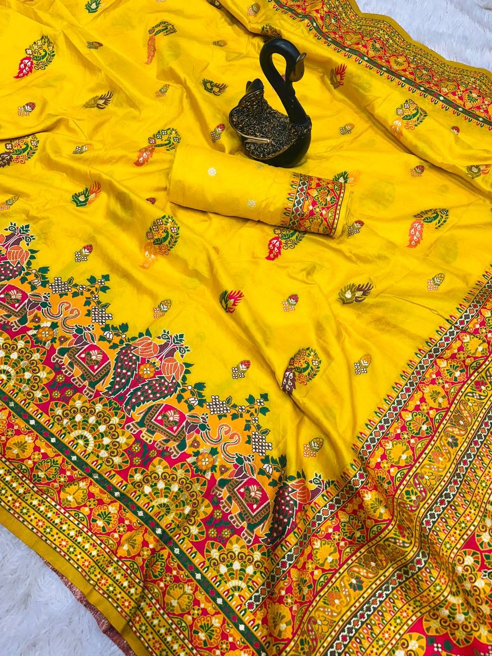 Bella Yellow Soft Silk Saree with Multicolor Traditional Print &amp; Designer Border