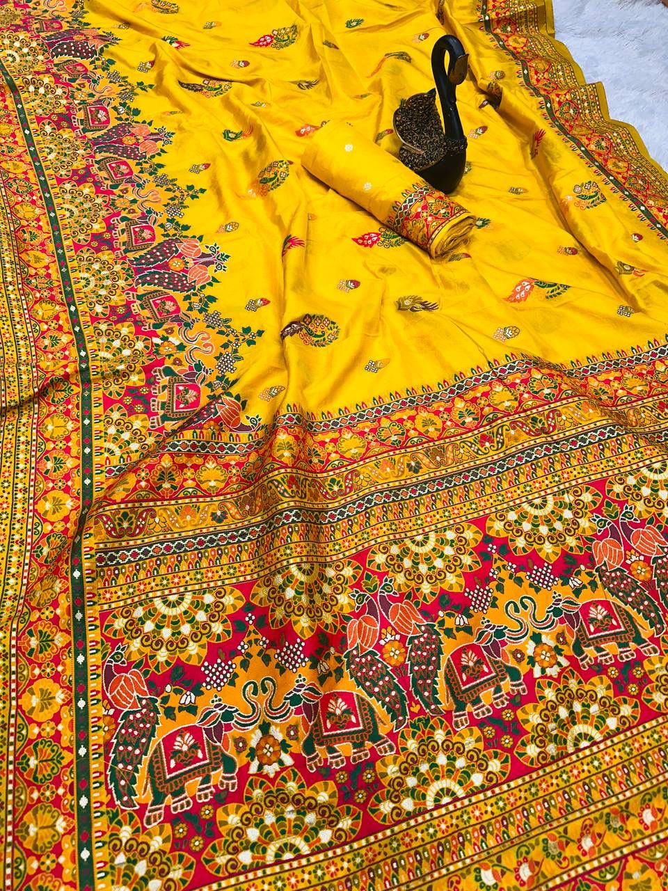 Bella Yellow Soft Silk Saree with Multicolor Traditional Print &amp; Designer Border