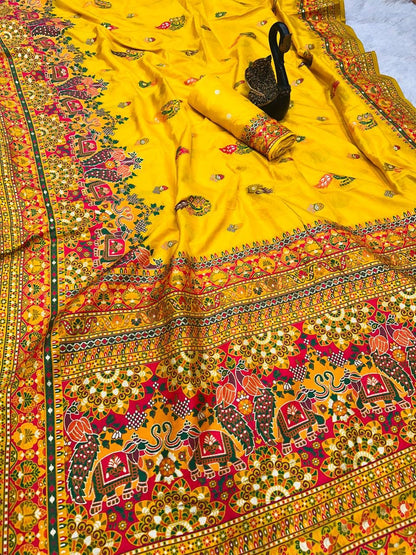 Bella Yellow Soft Silk Saree with Multicolor Traditional Print &amp; Designer Border
