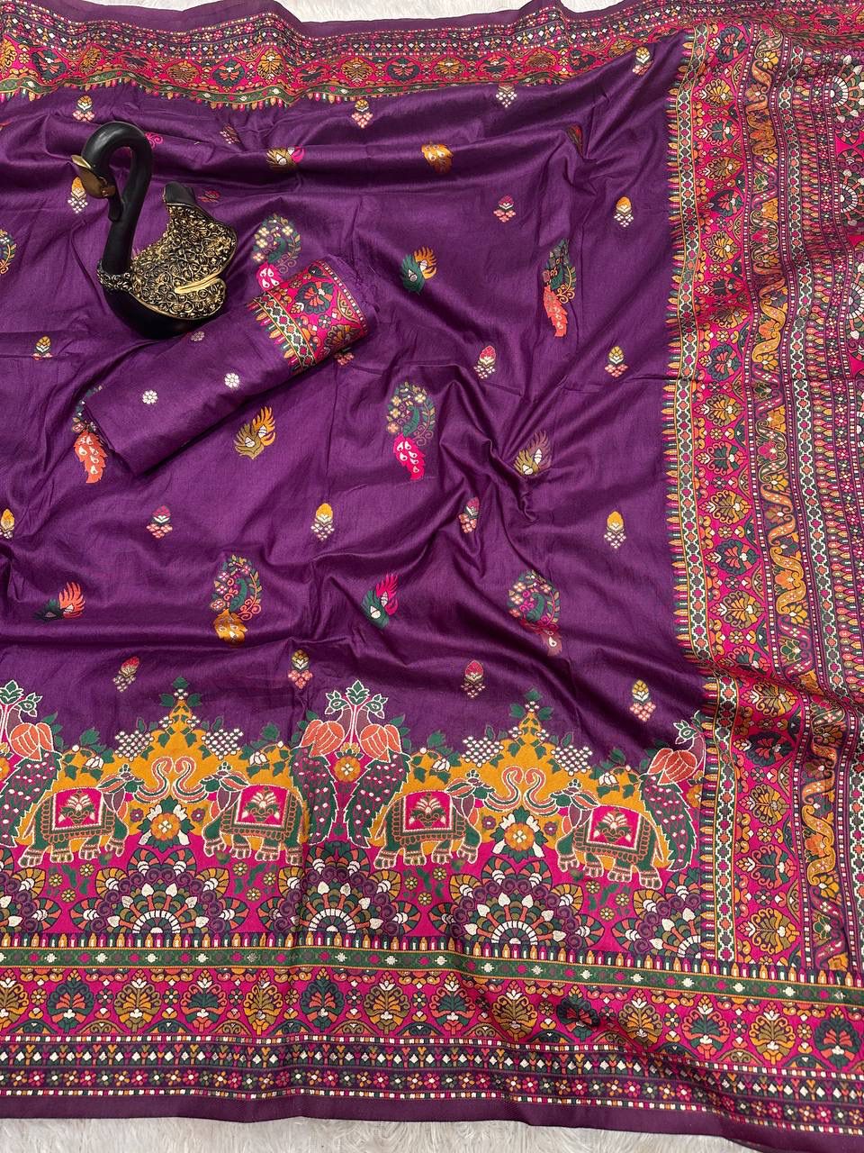 Bella Purple Soft Silk Saree with Multicolor Traditional Print &amp; Designer Border