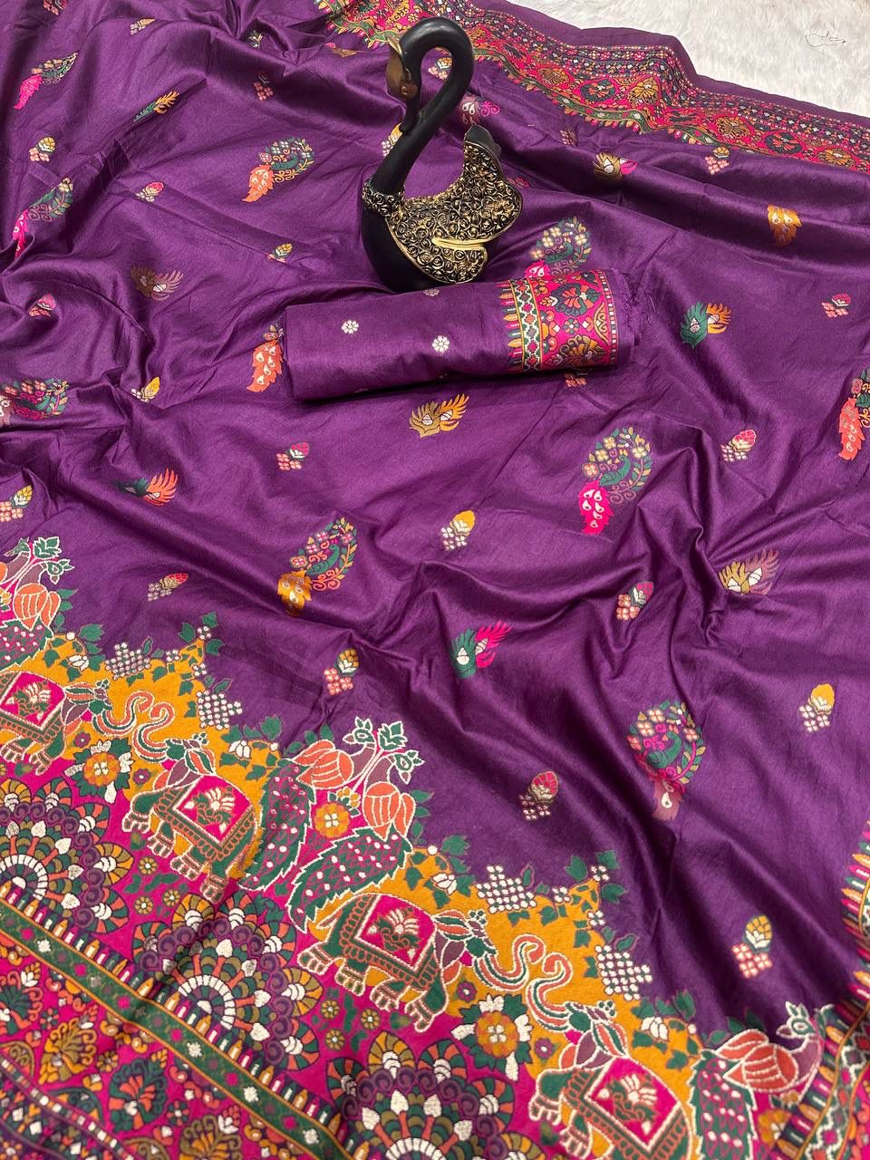 Bella Purple Soft Silk Saree with Multicolor Traditional Print &amp; Designer Border
