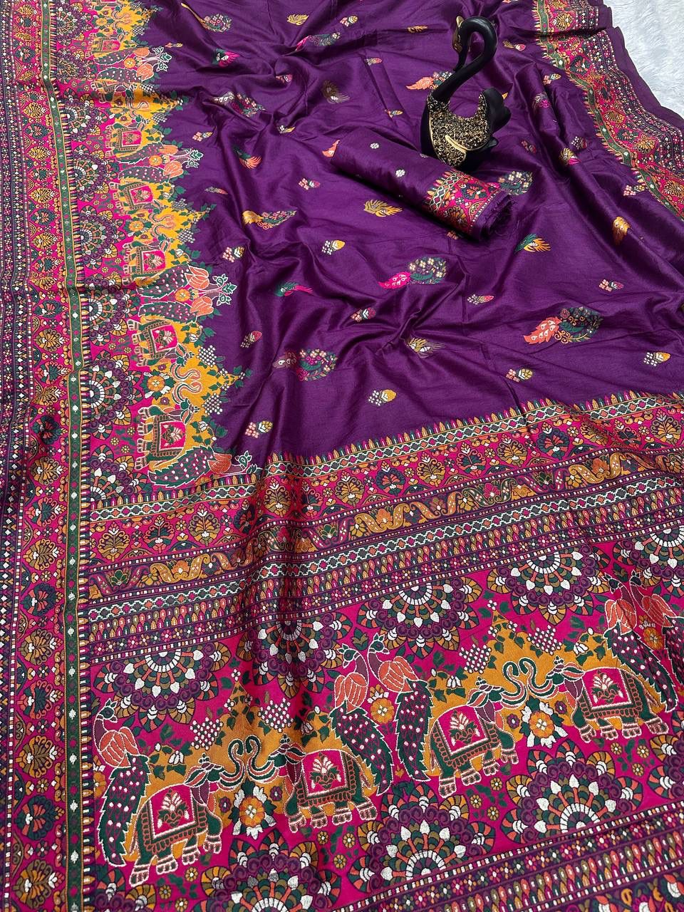 Bella Purple Soft Silk Saree with Multicolor Traditional Print &amp; Designer Border