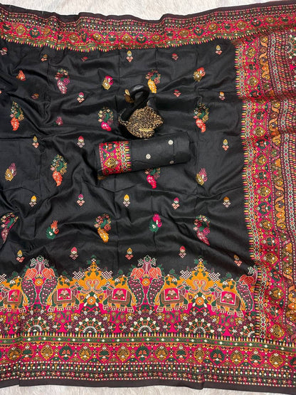 Bella Green Soft Silk Saree with Multicolor Traditional Print &amp; Designer Border