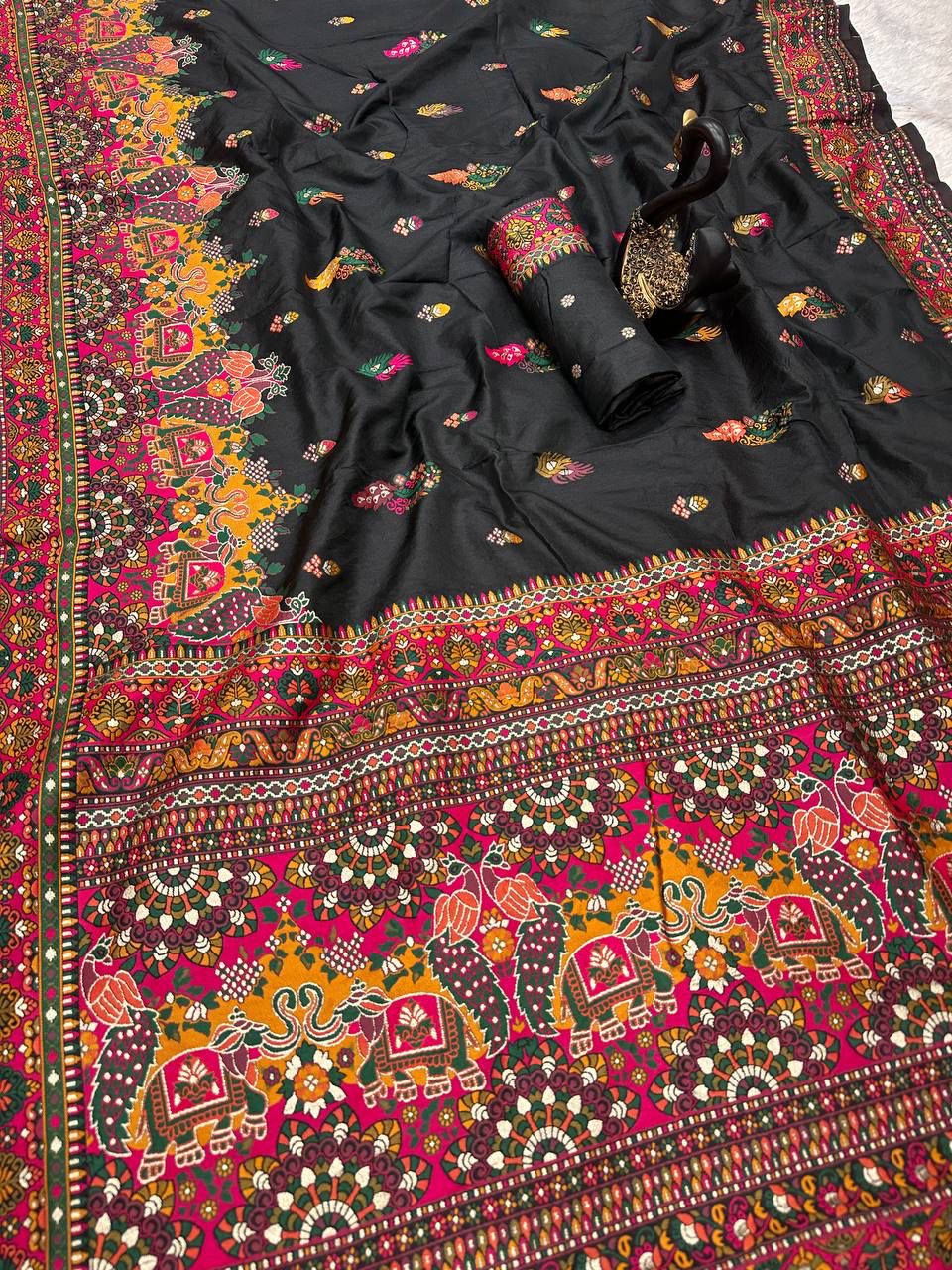 Bella Green Soft Silk Saree with Multicolor Traditional Print &amp; Designer Border