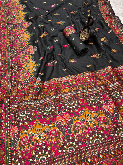 Bella Green Soft Silk Saree with Multicolor Traditional Print &amp; Designer Border