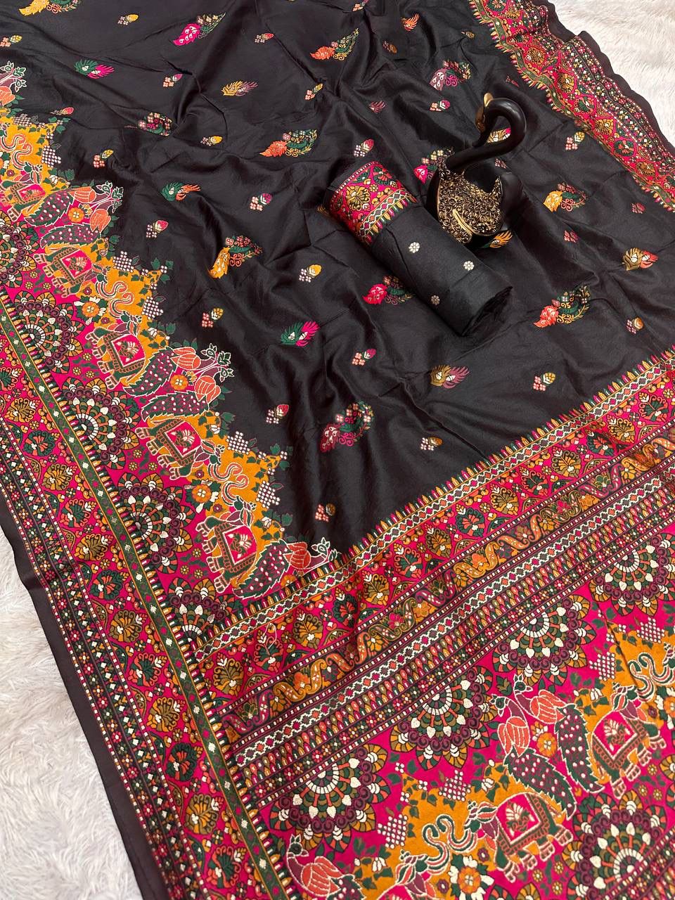 Bella Green Soft Silk Saree with Multicolor Traditional Print &amp; Designer Border