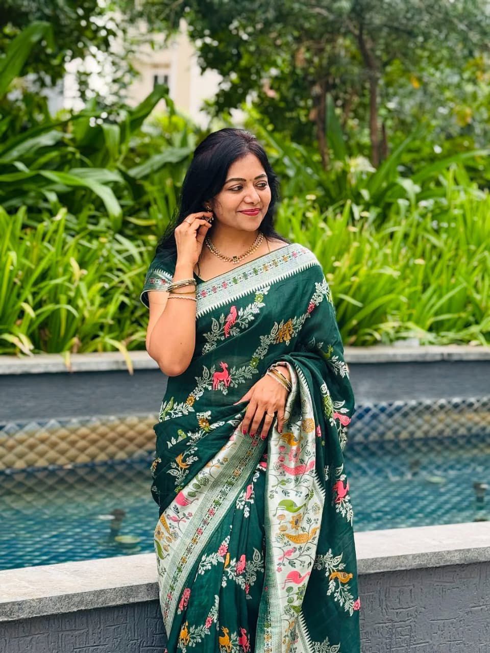 Elena Green Soft Silk Saree with Multicolor Floral &amp; Animal Print Border