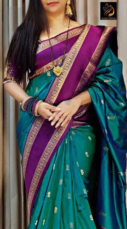 Faith Teal Green Soft Silk Saree with Purple Golden Jacquard Border &amp; Unstitched Blouse Piece