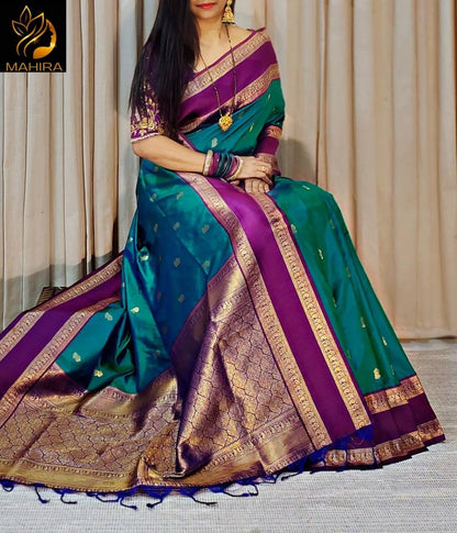 Faith Teal Green Soft Silk Saree with Purple Golden Jacquard Border &amp; Unstitched Blouse Piece