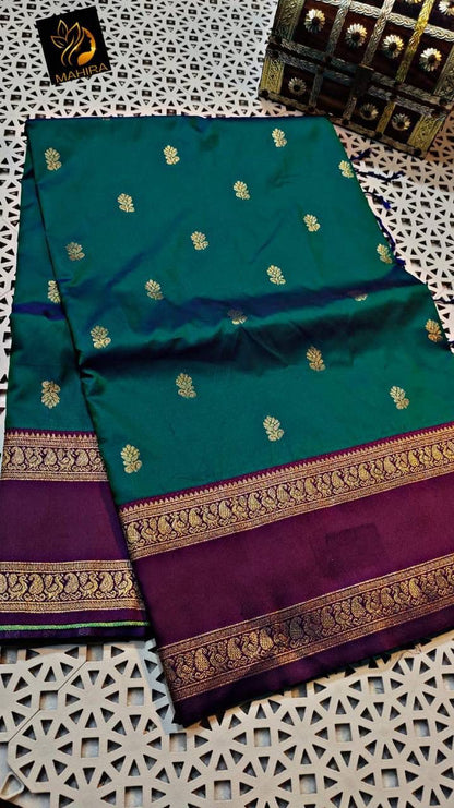 Faith Teal Green Soft Silk Saree with Purple Golden Jacquard Border &amp; Unstitched Blouse Piece