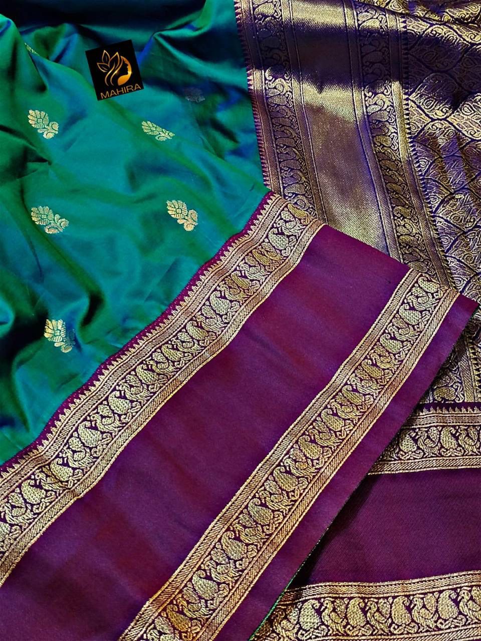 Faith Teal Green Soft Silk Saree with Purple Golden Jacquard Border &amp; Unstitched Blouse Piece