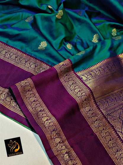 Faith Teal Green Soft Silk Saree with Purple Golden Jacquard Border &amp; Unstitched Blouse Piece