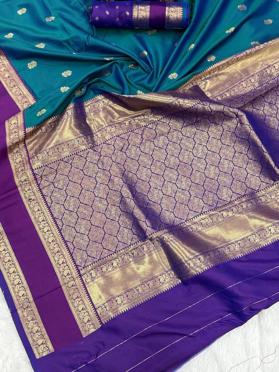 Faith Teal Green Soft Silk Saree with Purple Golden Jacquard Border &amp; Unstitched Blouse Piece