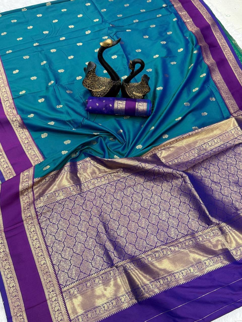 Faith Teal Green Soft Silk Saree with Purple Golden Jacquard Border &amp; Unstitched Blouse Piece