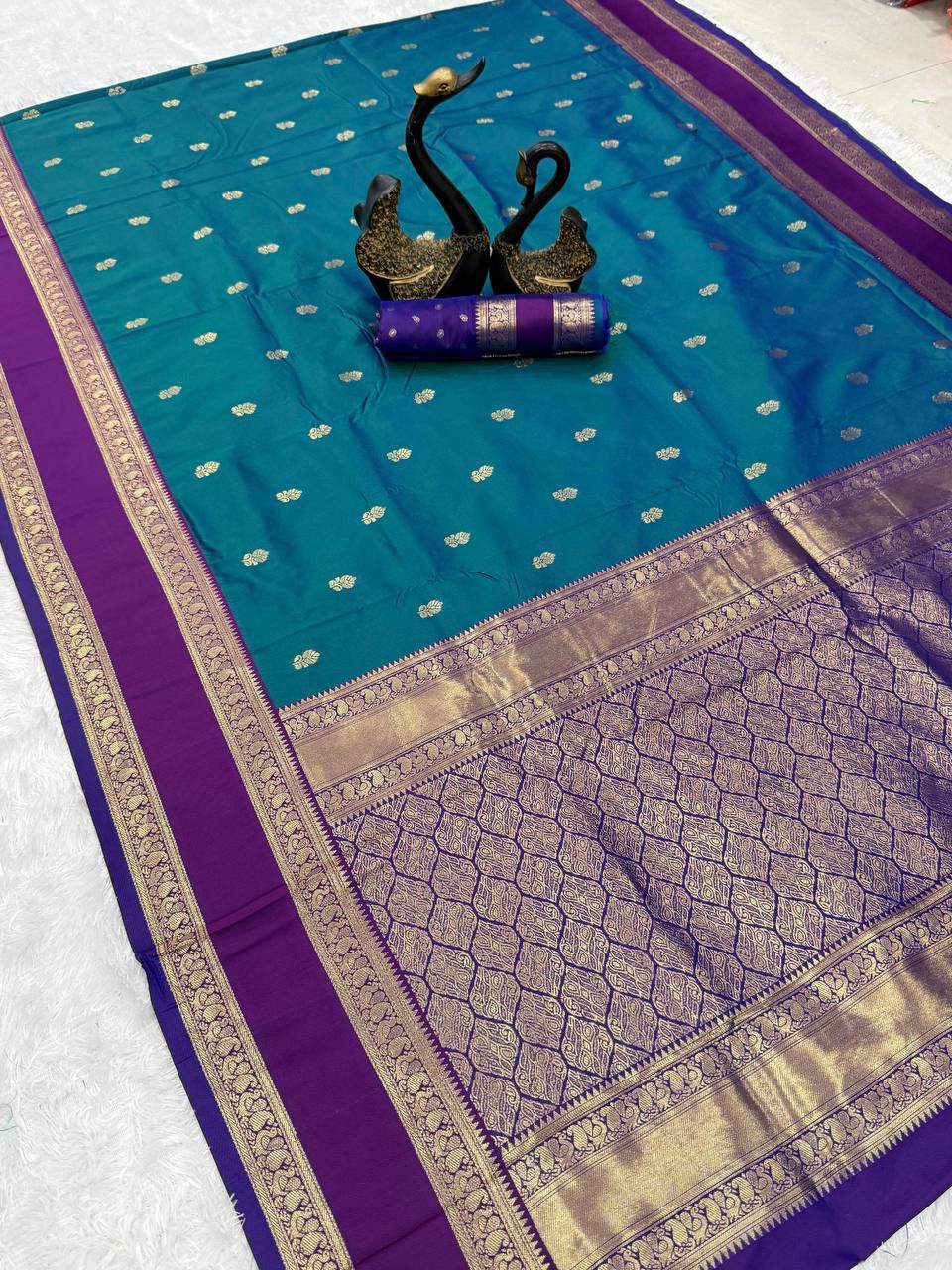 Faith Teal Green Soft Silk Saree with Purple Golden Jacquard Border &amp; Unstitched Blouse Piece