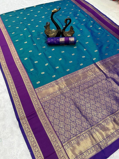 Faith Teal Green Soft Silk Saree with Purple Golden Jacquard Border &amp; Unstitched Blouse Piece