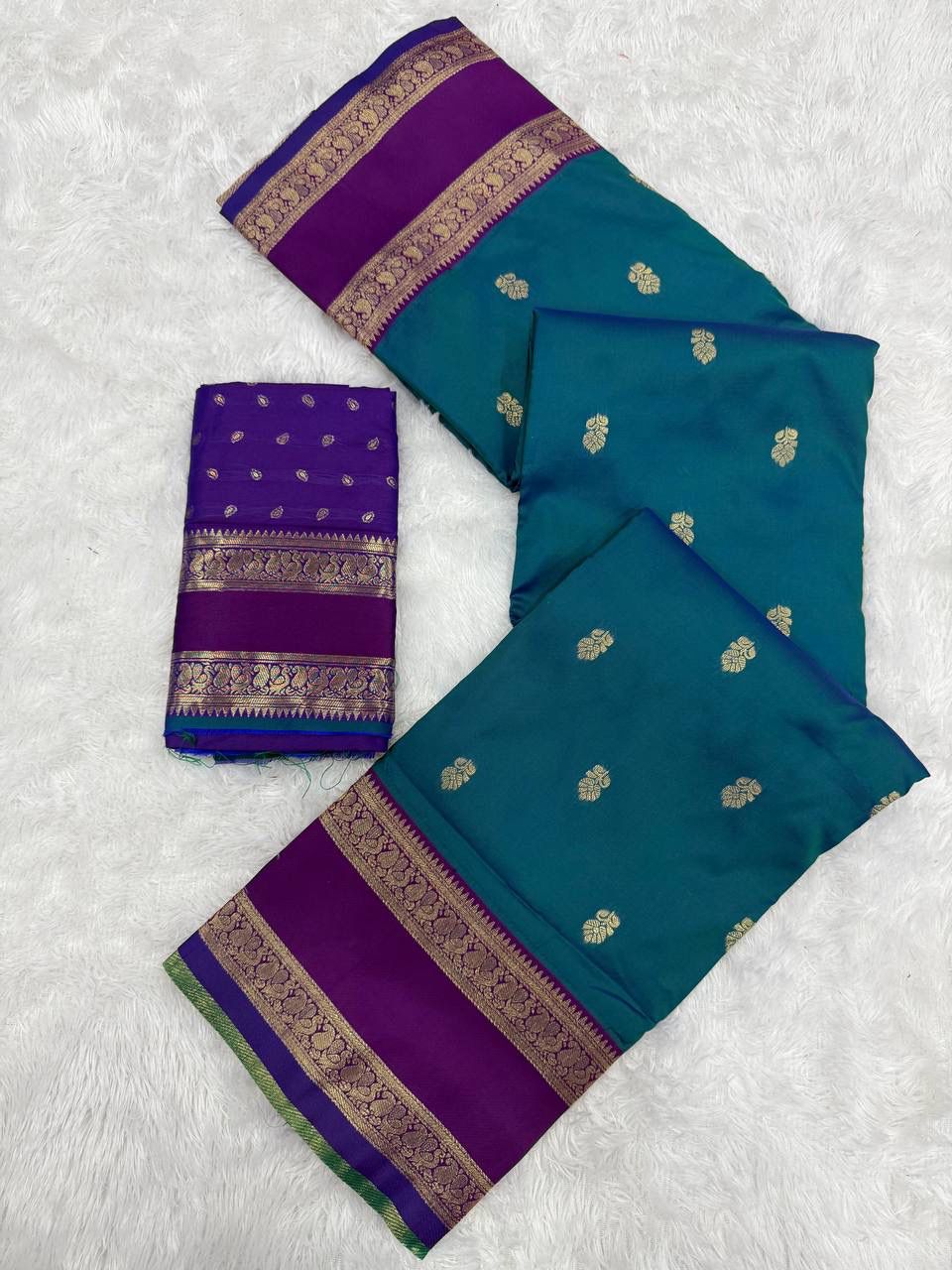 Faith Teal Green Soft Silk Saree with Purple Golden Jacquard Border &amp; Unstitched Blouse Piece