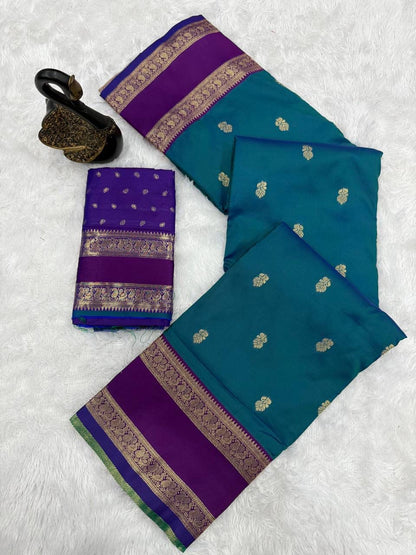 Faith Teal Green Soft Silk Saree with Purple Golden Jacquard Border &amp; Unstitched Blouse Piece