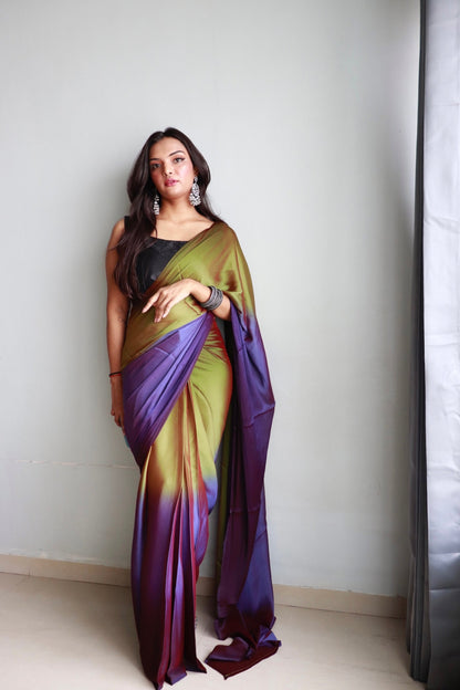 1 MIN Ready To Wear Purple Mehandi Dual shade Saree - Avacado