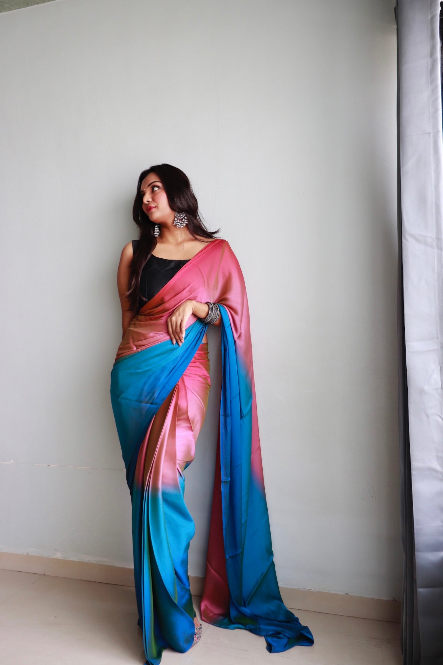 1 MIN Ready To Wear Pink-Sky Blue Dual shade Saree - Peacock