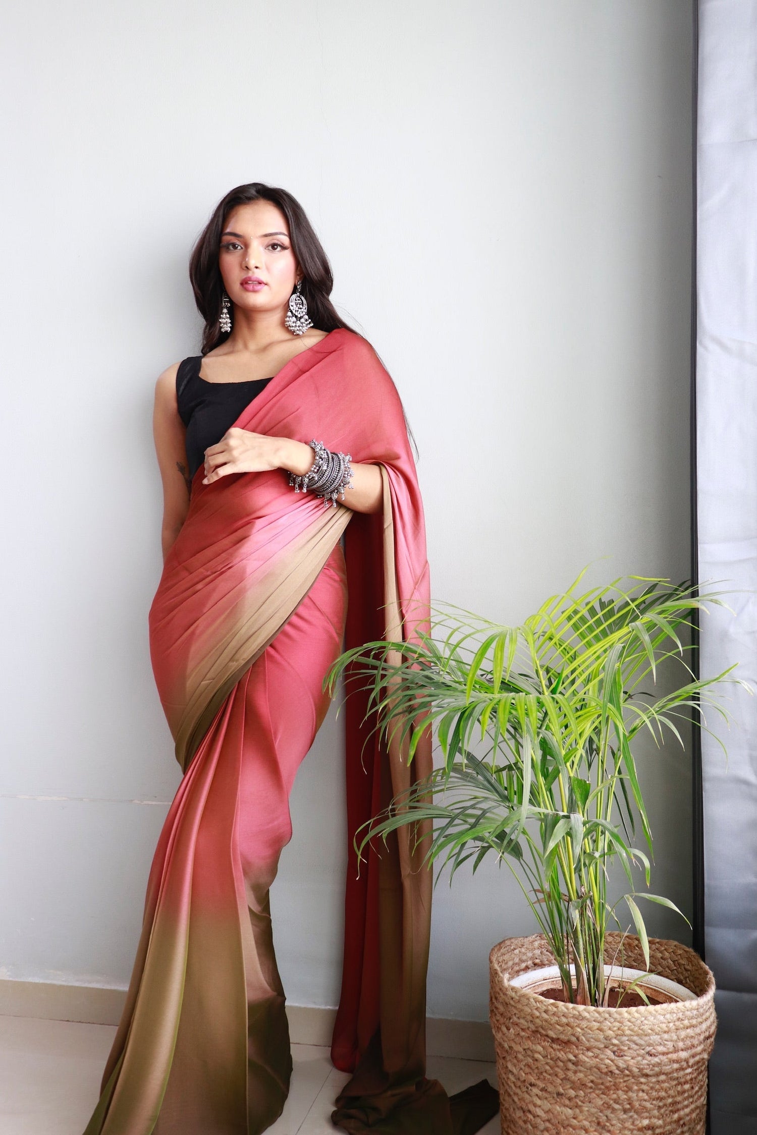 1 MIN Ready To Wear Peach With Coffe Dual shade Saree - Dark Coffe