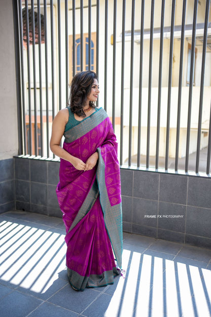 Incredible Purple Soft Banarasi Silk Saree WIth Attached Blouse Piece