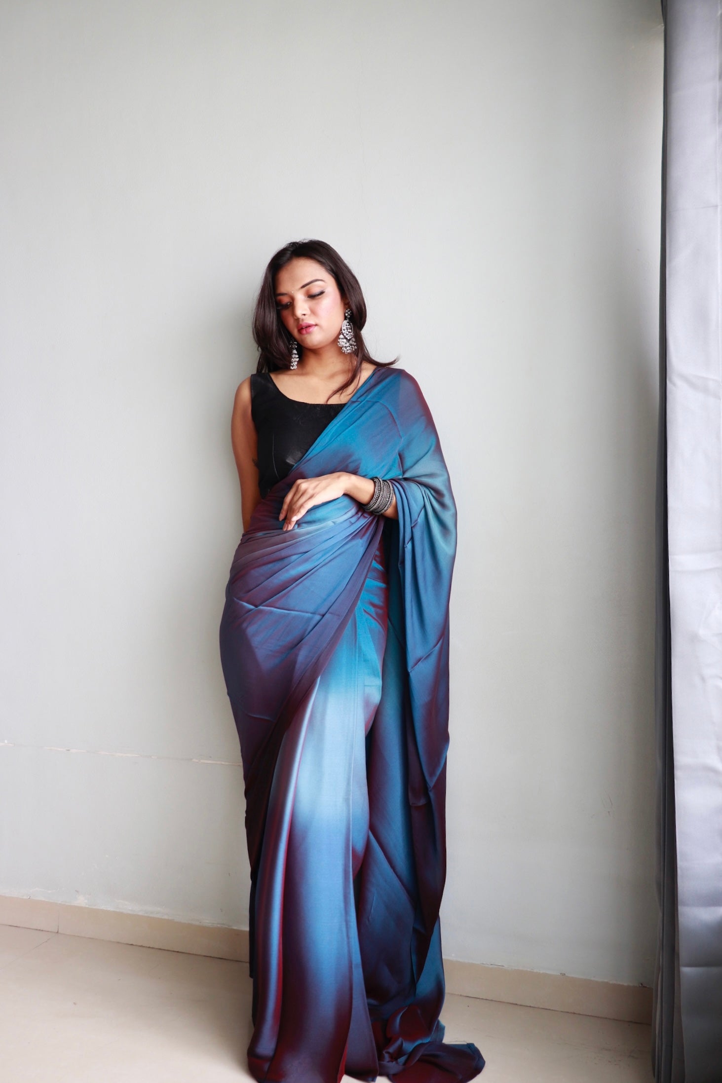 1 MIN Ready To Wear Sky Blue Dual shade Saree - Deep Sea