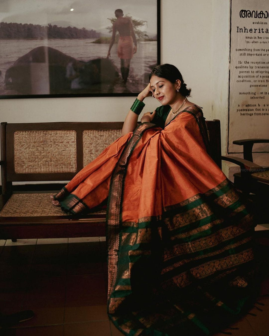 Elegant Orange-Green Banarasi Silk Saree with Jacquard Detailing-BHAVNA