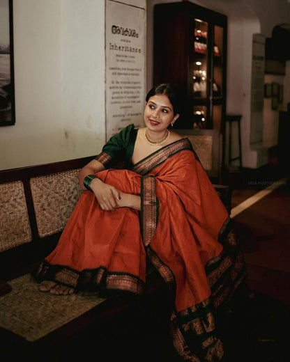 Elegant Orange-Green Banarasi Silk Saree with Jacquard Detailing-BHAVNA