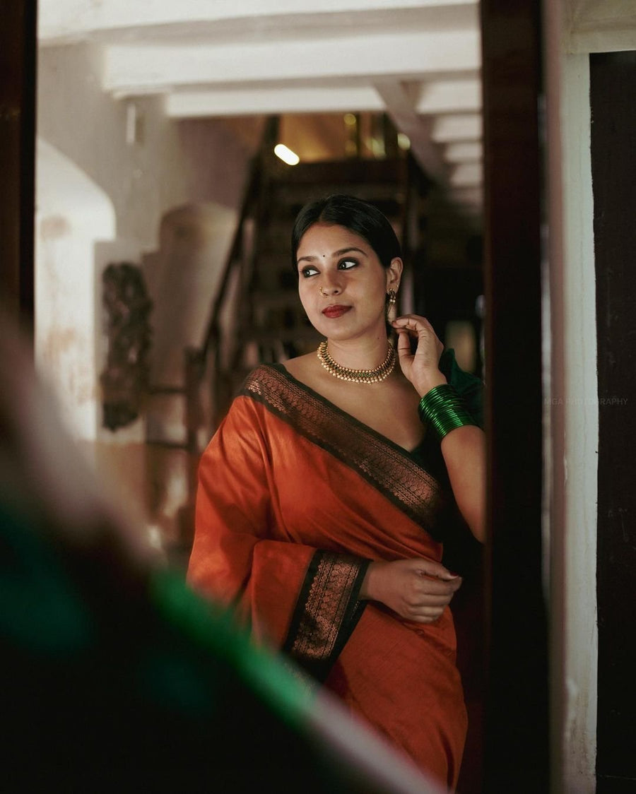 Elegant Orange-Green Banarasi Silk Saree with Jacquard Detailing-BHAVNA