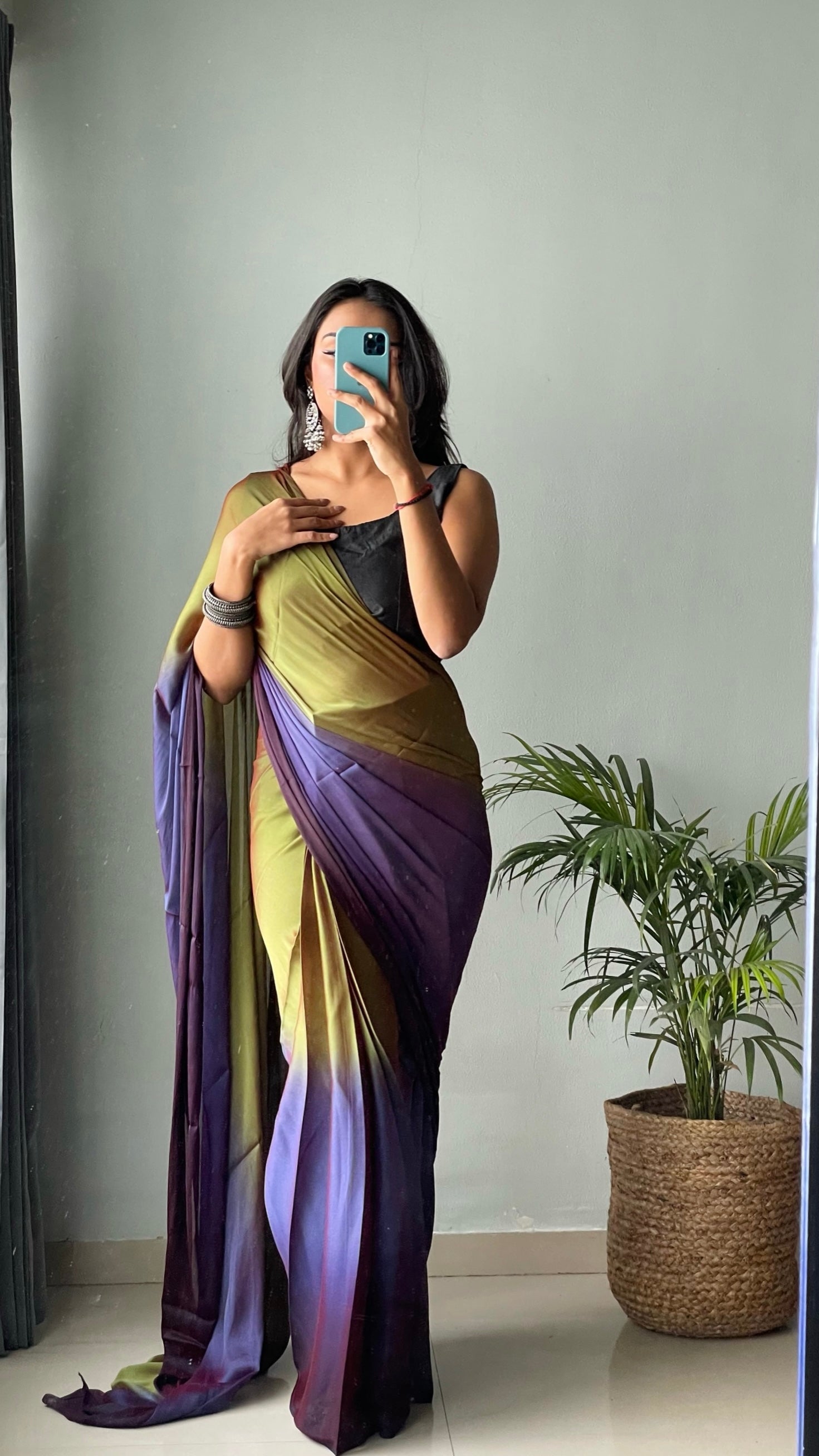 1 MIN Ready To Wear Purple Mehandi Dual shade Saree - Avacado