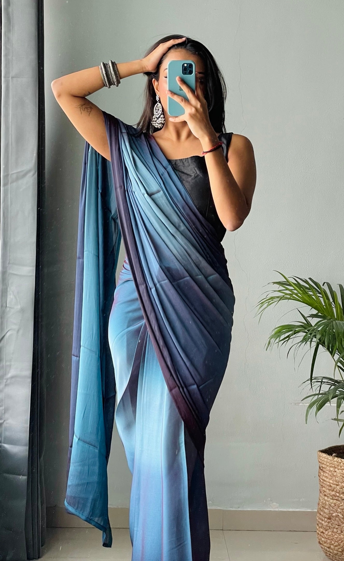 1 MIN Ready To Wear Sky Blue Dual shade Saree - Deep Sea