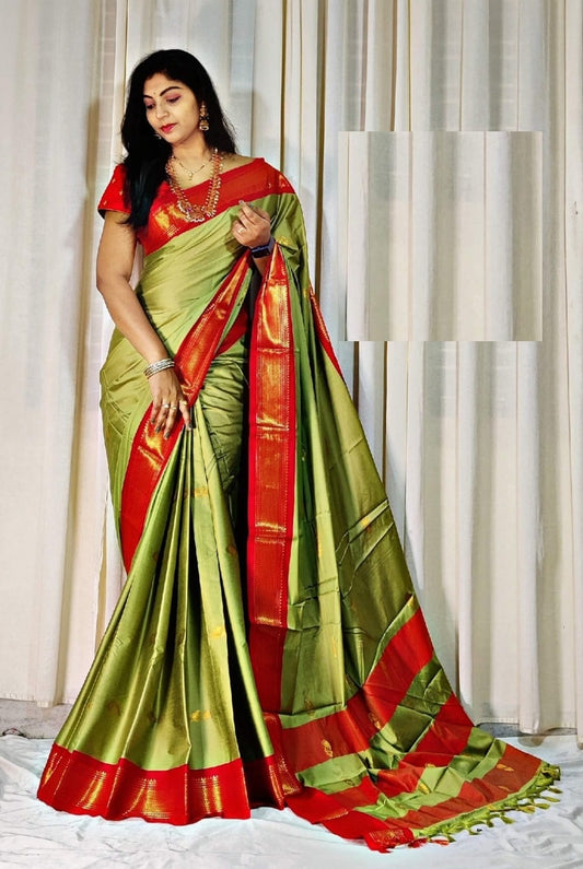 Heer Pista-Red Cotton Silk Saree