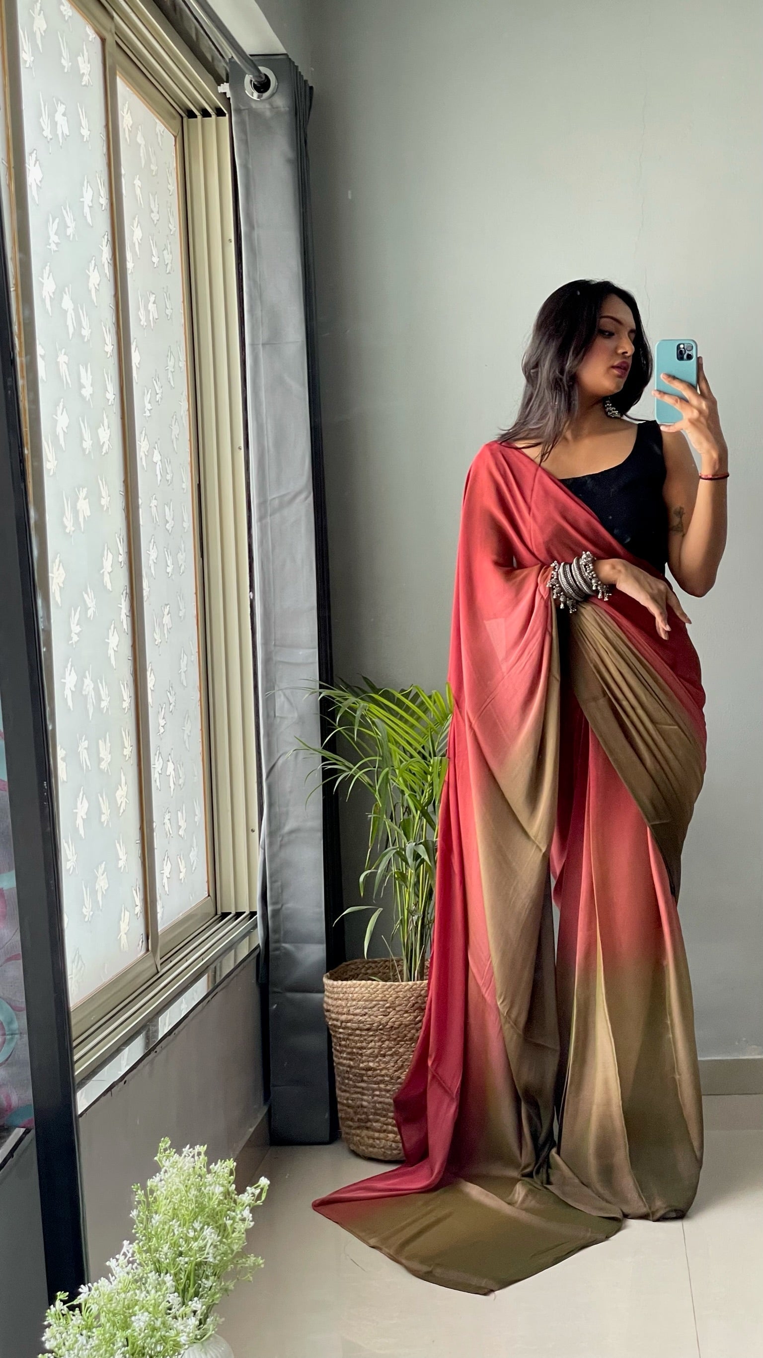 1 MIN Ready To Wear Peach With Coffe Dual shade Saree - Dark Coffe