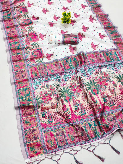 Sumati - White Kashmiri Modal Silk Saree with Zari Weaving